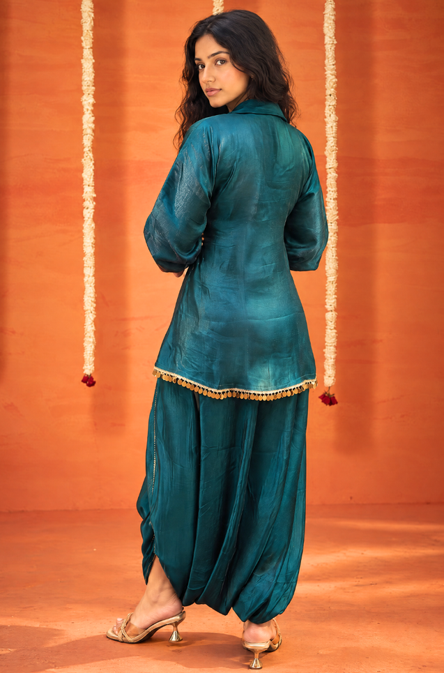 Mizaaj-  Teal  Green Tunic style Top  with Dhoti Skirt Set(PRE-0RDER)