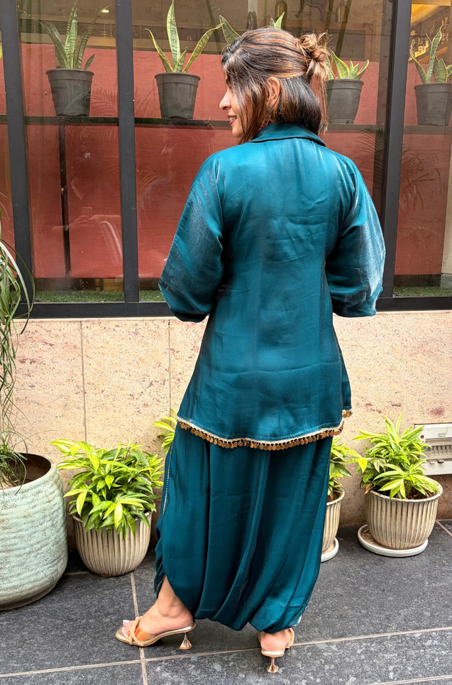 Mizaaj-  Teal  Green Tunic style Top  with Dhoti Skirt Set(PRE-0RDER)