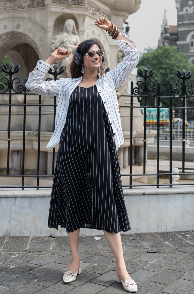 REZAAR-Striped A-line Dress With Shirt