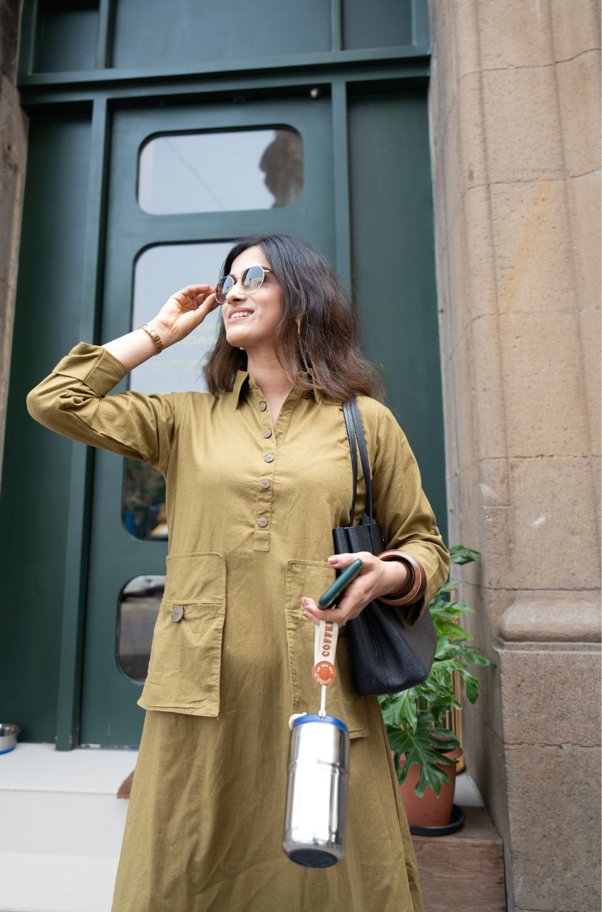 REZAAR- Olive Green Shirt Style Pocket Dress - Ishnya REZAAR- Olive Green Shirt Style Pocket Dress - Ishnya