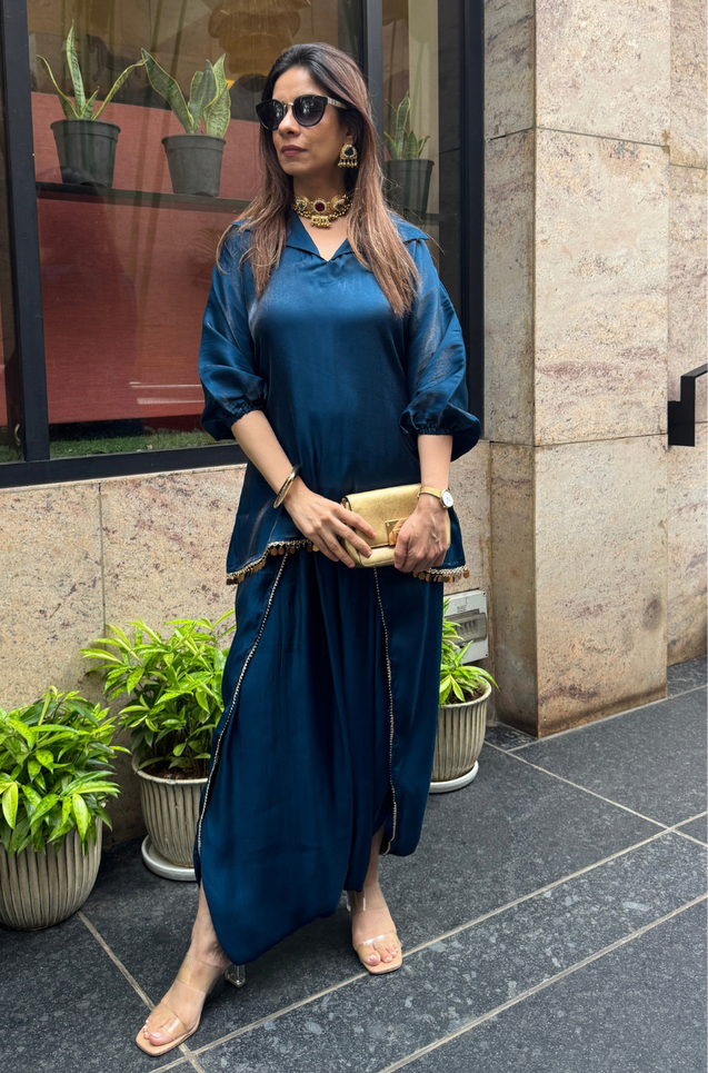 Mizaaj-Dark Blue Tunic style Top  with Dhoti Skirt Set(PRE-0RDER)