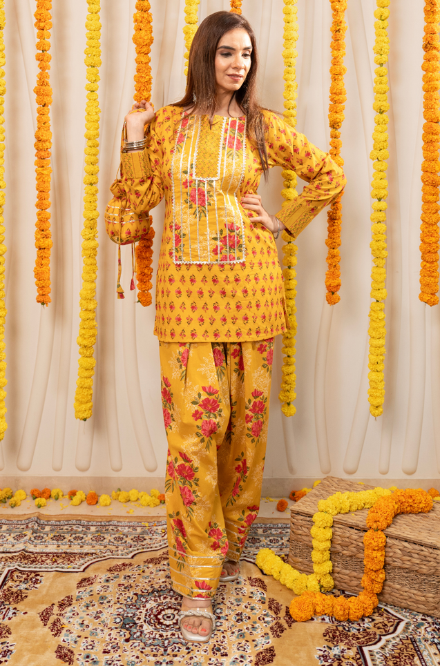 AAFREEN-  Yellow Floral  Printed Farshi Salwar set with Potli Bag