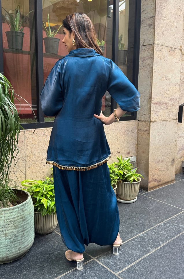 Mizaaj-Dark Blue Tunic style Top  with Dhoti Skirt Set(PRE-0RDER)