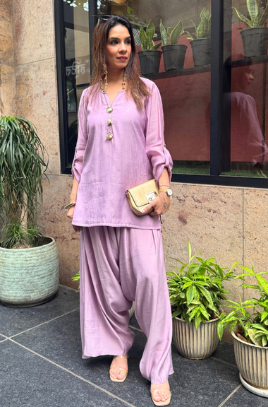 Festive Lavender Kurta with Cowl Pants Set