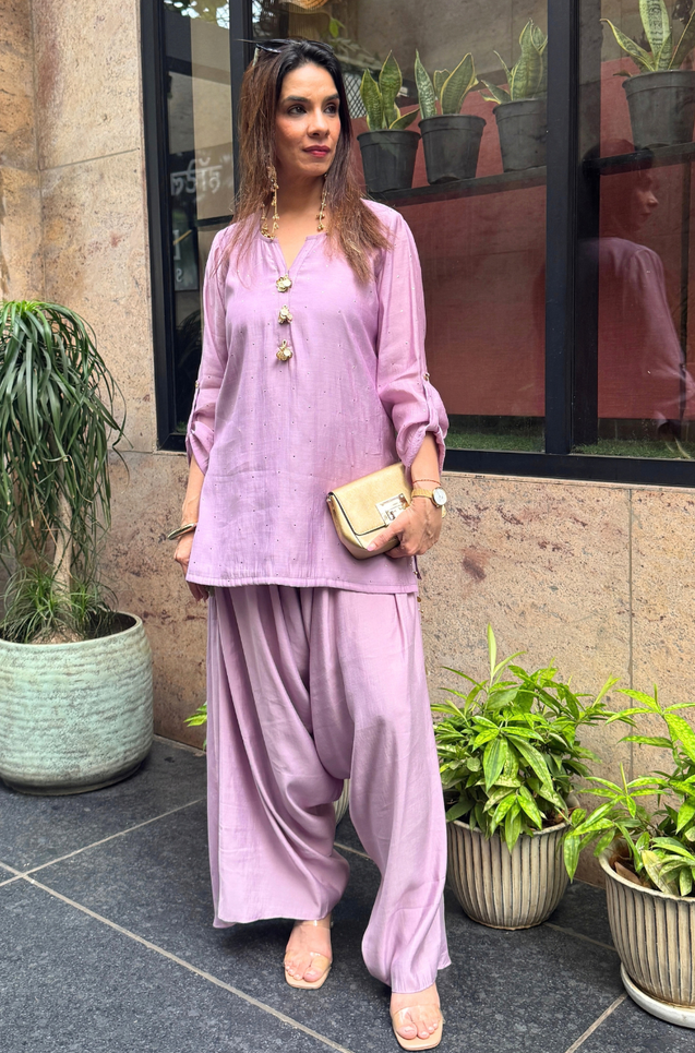 Festive Lavender Kurta with Cowl Pants Set