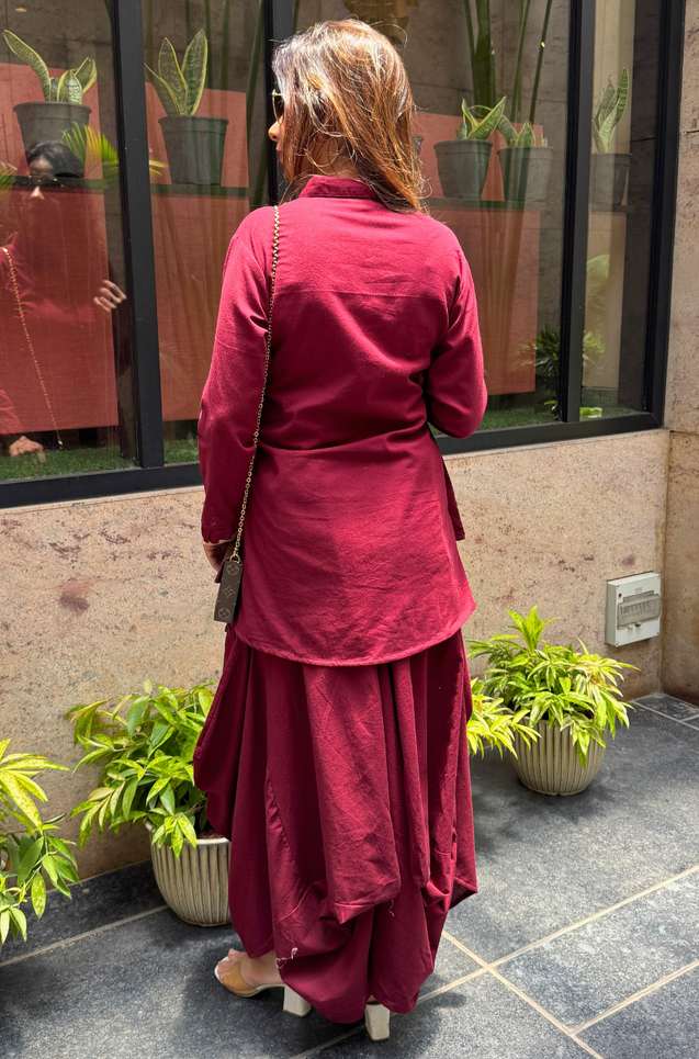 REZAAR- Maroon Drape Skirt Co-Ord Set with Shirt Top