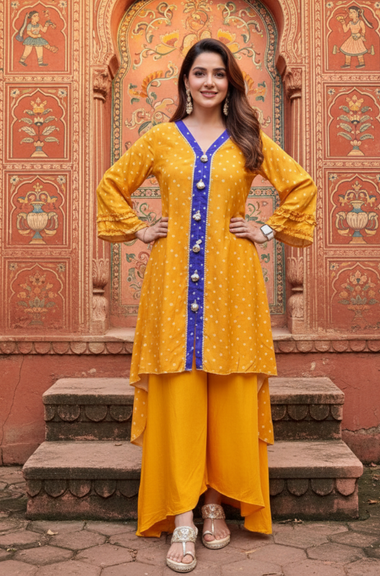 MEHER-Yellow  Bandhani  High-Low Kurta With  Flared Pant