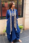 Rozana-Dark Blue Cotton Slub Elegant Fusion Drape  Dress