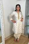 Cream Chevron Pattern  Kurta With Pathani Pants