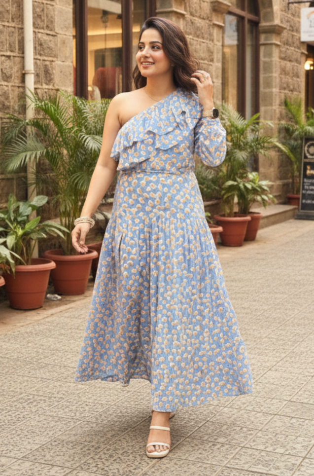 One shoulder Floral  Dress  With Ruffle layering