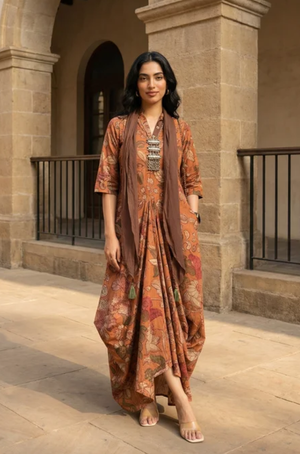 Rozana-Rust Orange Cotton Elegant Fusion  Drape  Dress
