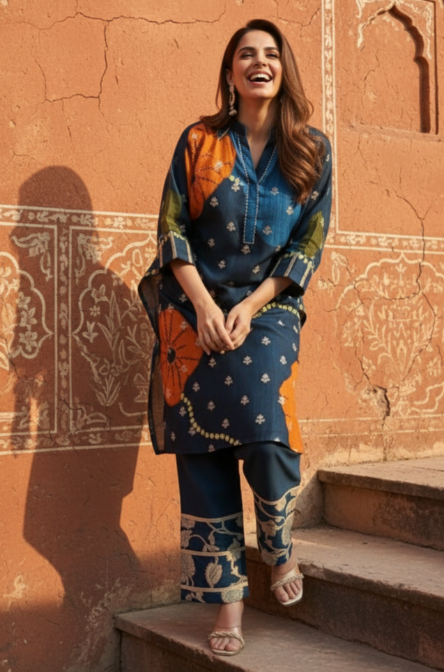 MEHER-Navy Blue Bandhani Ethnic  Kurta set