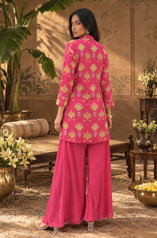 Festive Fuchsia  Pink Ikat Printed Short Kurta With Cowl Pant(Pre-order)