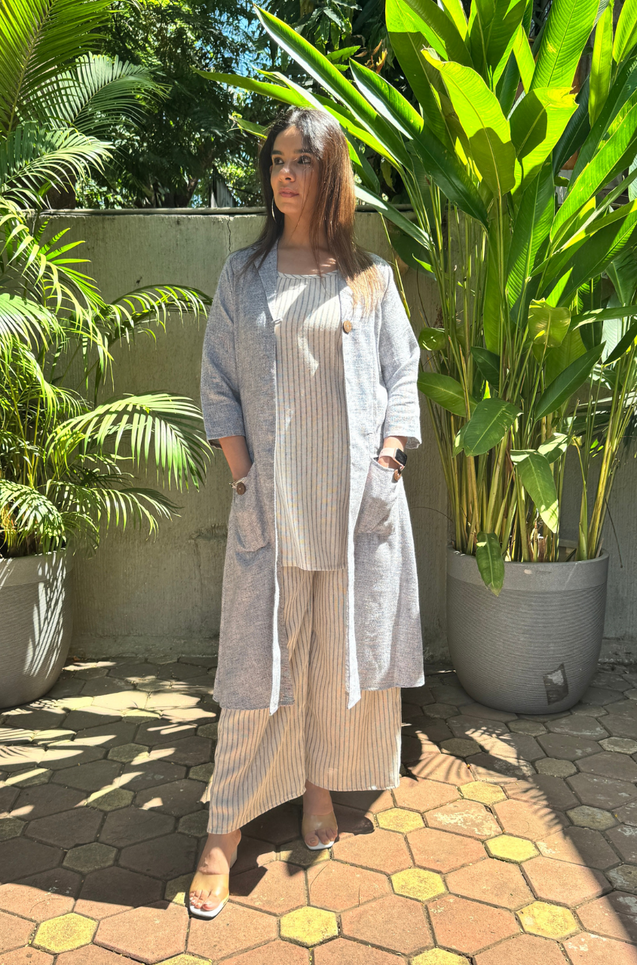 REZAAR- Greyish -Blue  Three  Piece Cotton Blazer Jacket Set