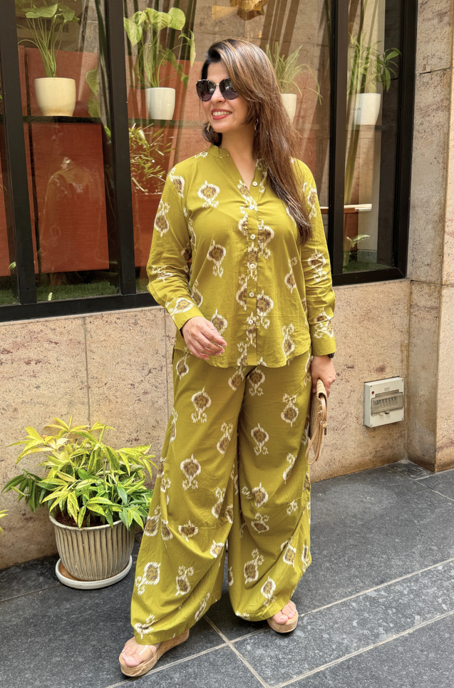 Rozana- Lime Green Printed Drape Pants Co-ord Set (PRE-ORDER)