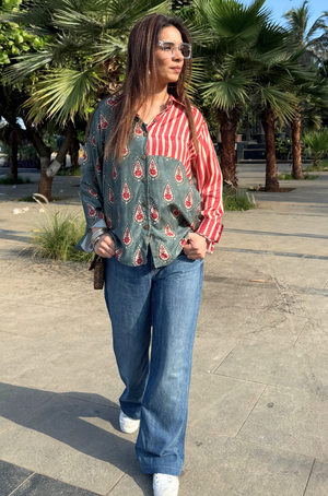 Jazba -Moss Green Dual Printed Stripe Shirt