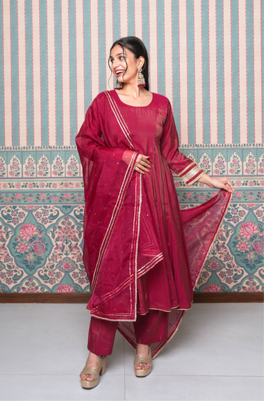 Maroon Anaarkali  Three Piece set with Dupatta