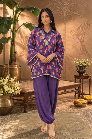 Mizaaj  -Purple Ikat Printed Shirt Kaftan  With  Ballon Pant( Pre-Order)