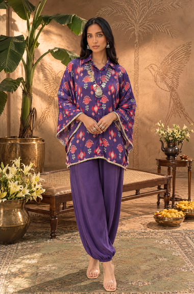 Mizaaj  -Purple Ikat Printed Shirt Kaftan  With  Ballon Pant( Pre-Order)