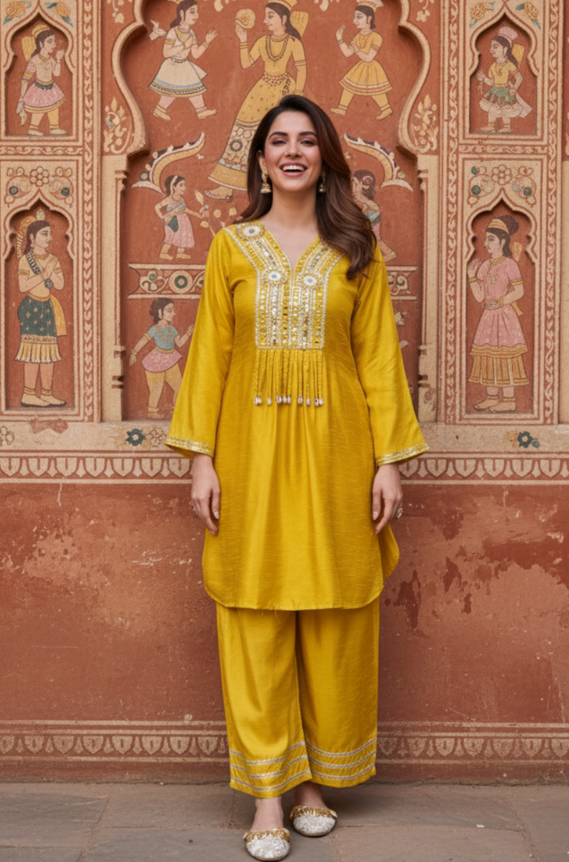 FITOOR- Saffron Yellow Embroidered Kurta Set