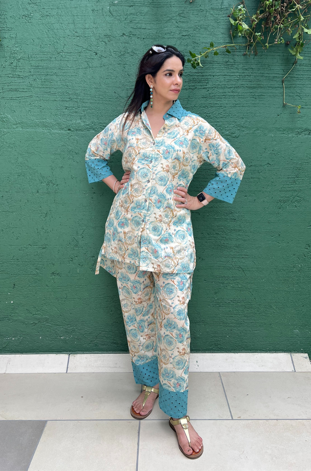 Pacific Blue Floral Printed Hakoba Co-ord set