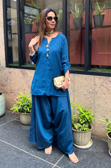 Festive  Sapphire Blue Kurta with Cowl Pants Set