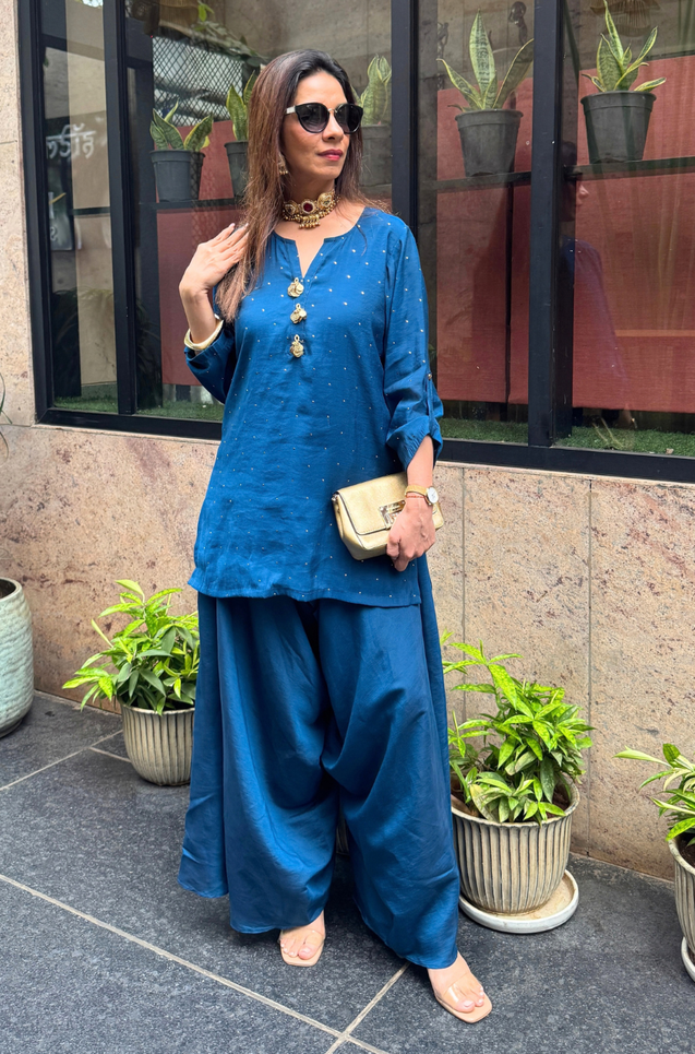 Festive  Sapphire Blue Kurta with Cowl Pants Set