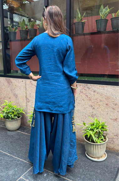 Festive  Sapphire Blue Kurta with Cowl Pants Set