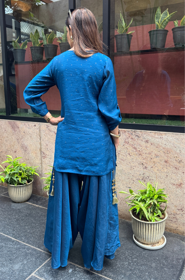 Festive  Sapphire Blue Kurta with Cowl Pants Set
