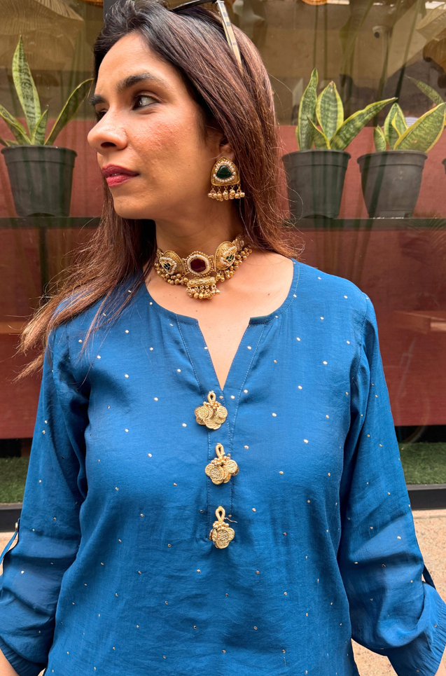 Festive  Sapphire Blue Kurta with Cowl Pants Set