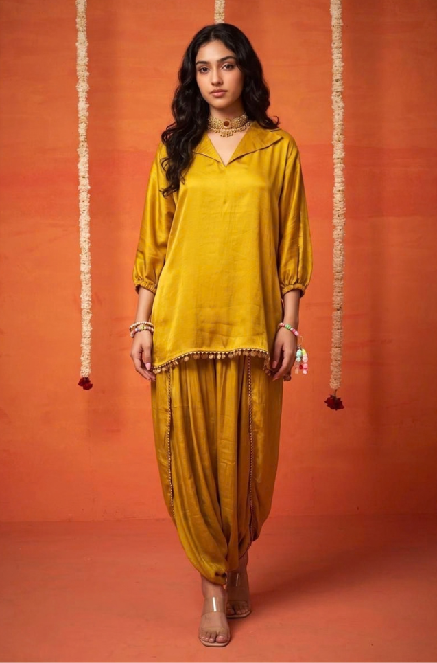 Mizaaj-Golden Mustard Tunic style Top  with Dhoti Skirt Set(PRE-0RDER)