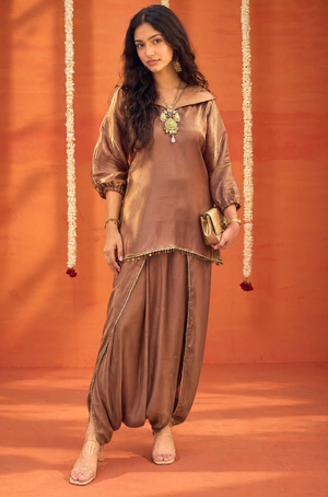 Mizaaj-Mocha Tunic style Top  with Dhoti Skirt Set(PRE-0RDER)
