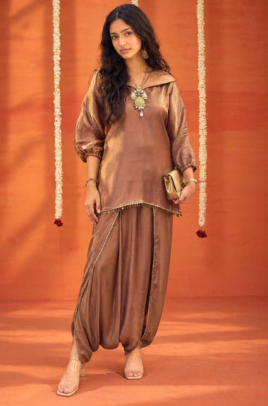 Mizaaj-Mocha Tunic style Top  with Dhoti Skirt Set(PRE-0RDER)