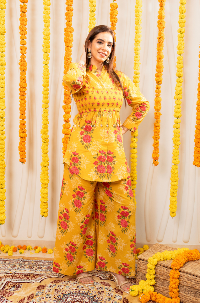 AAFREEN-  Marigold Floral Printed Co-Ord Set with Koti