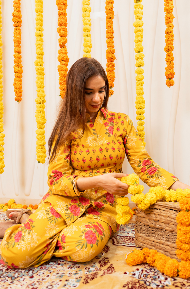 AAFREEN-  Marigold Floral Printed Co-Ord Set with Koti