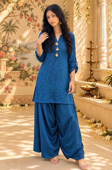 Festive  Sapphire Blue Kurta with Cowl Pants Set