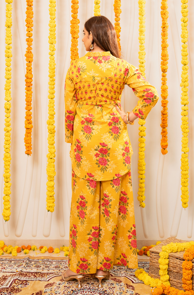 AAFREEN-  Marigold Floral Printed Co-Ord Set with Koti
