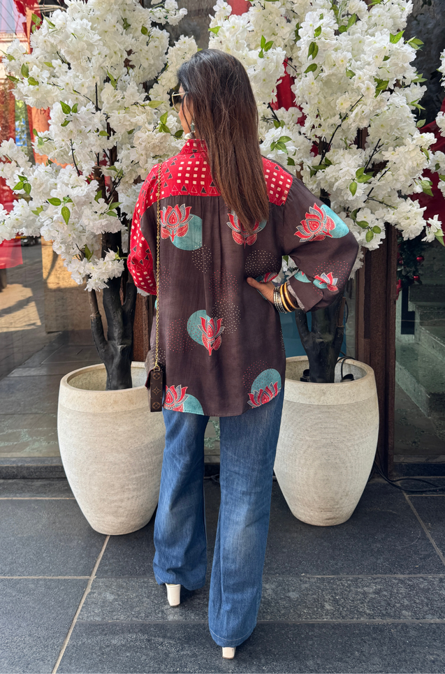 AURA-Brown and Red Lotus Printed Oversized Shirt