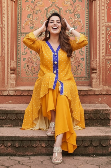 MEHER-Yellow  Bandhani  High-Low Kurta With  Flared Pant