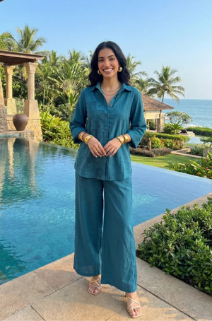 Rozana -Teal Blue Shirt Collar Cutwork Co-Ord Set with Straight Pants