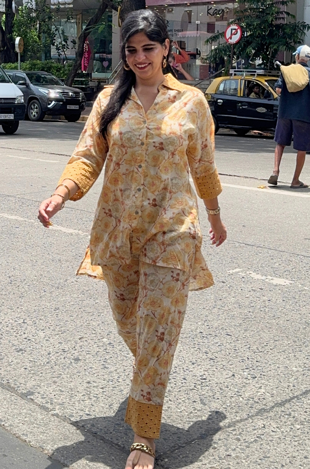 Mustard Floral Printed Hakoba Co-ord set