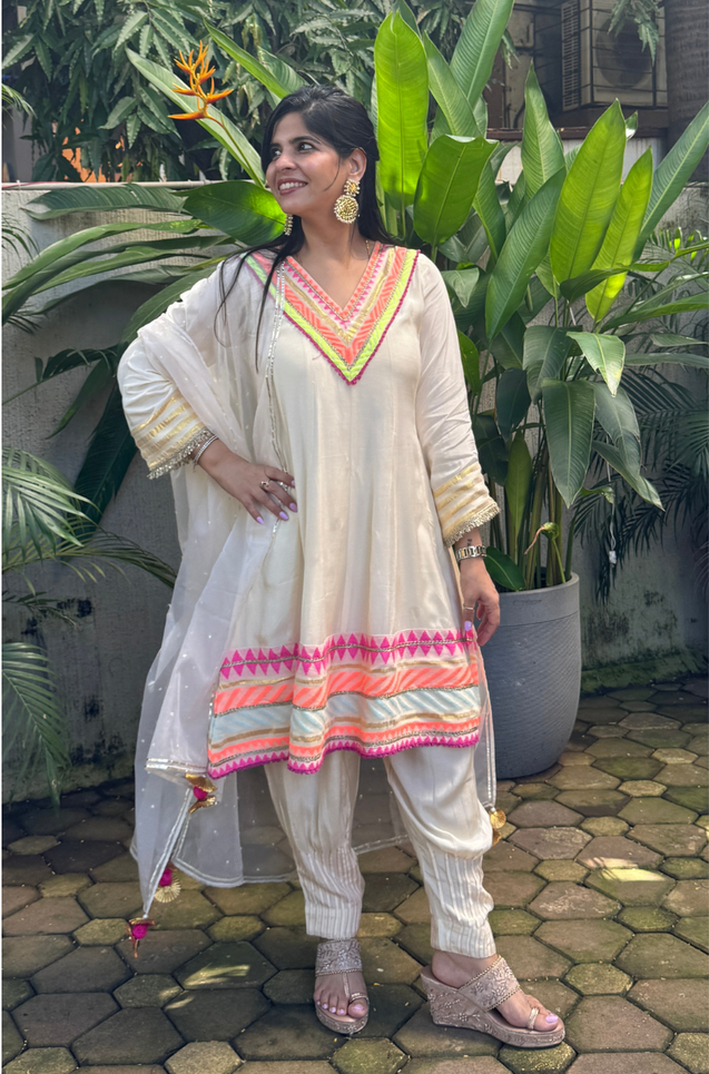 Off white Anarkali Suit With Organza Dupatta