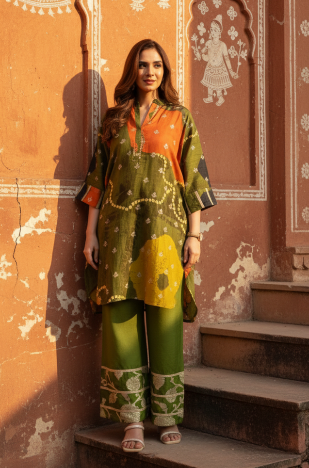 MEHER-Olive  Bandhani Ethnic  Kurta set