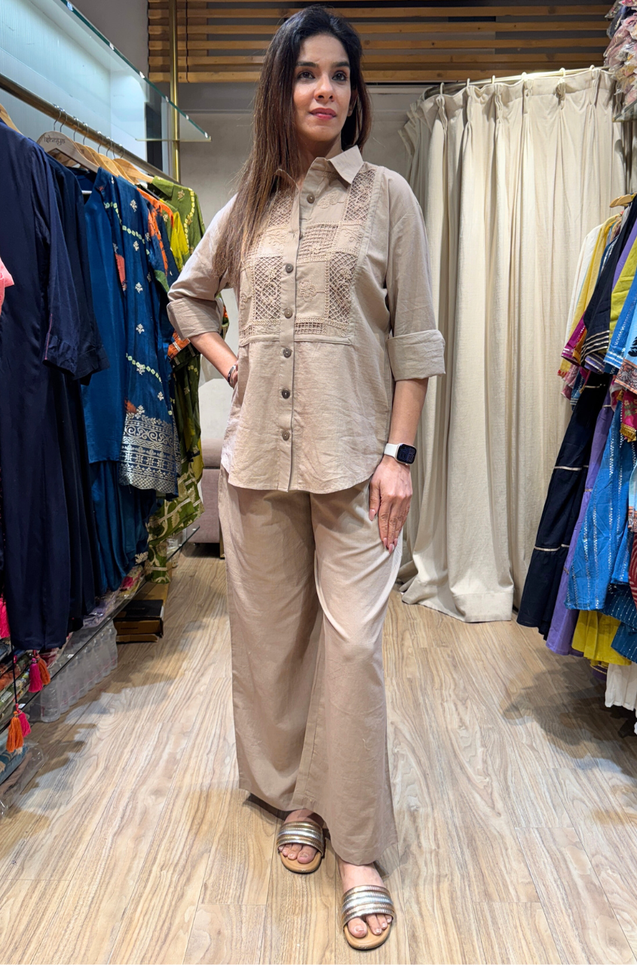 Rozana - Caramel Taupe Cutwork Cotton Co-ord Set