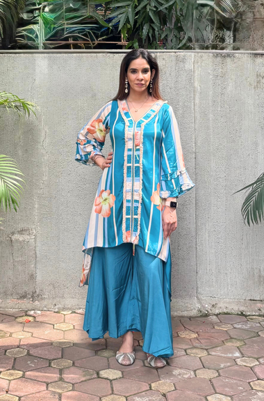 Sea Blue High-Low Kurta With  Flared Pant