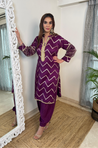 Wine Chevron Pattern  Kurta With Pathani Pant