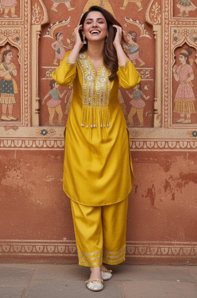 FITOOR- Saffron Yellow Embroidered Kurta Set