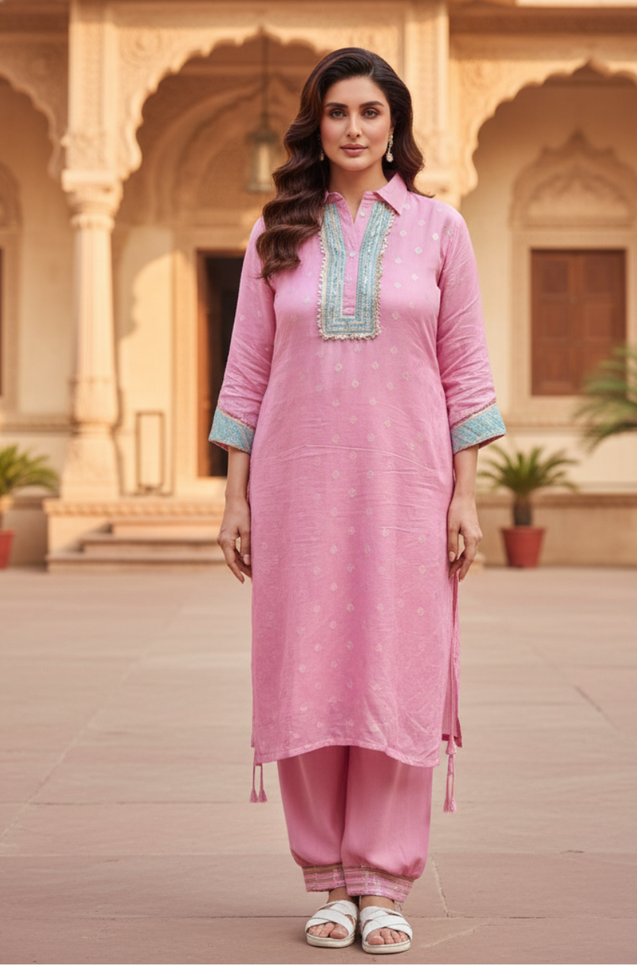 PHULJARI-Blush Pink Festive Jacquard Pathani Set