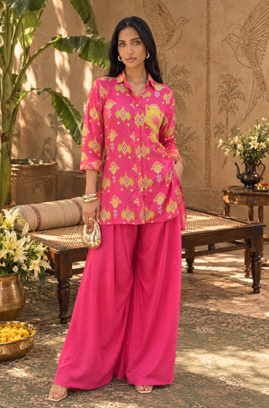 Festive Fuchsia  Pink Ikat Printed Short Kurta With Cowl Pant