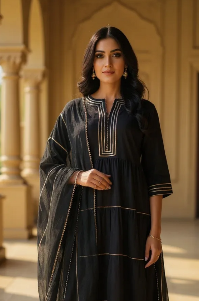 Black Anarkali  Three piece set with Dupatta